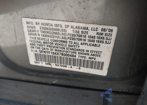 2007 Honda Pilot Ex from USA, damaged, VIN 5FNYF184X7B000484